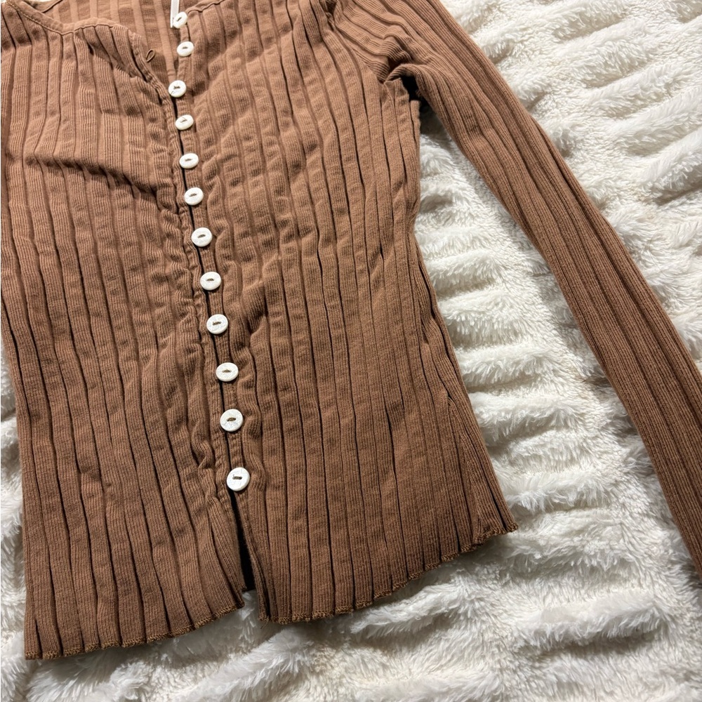 Free People Beige Button-Down Ribbed Top - Picture 4 of 6